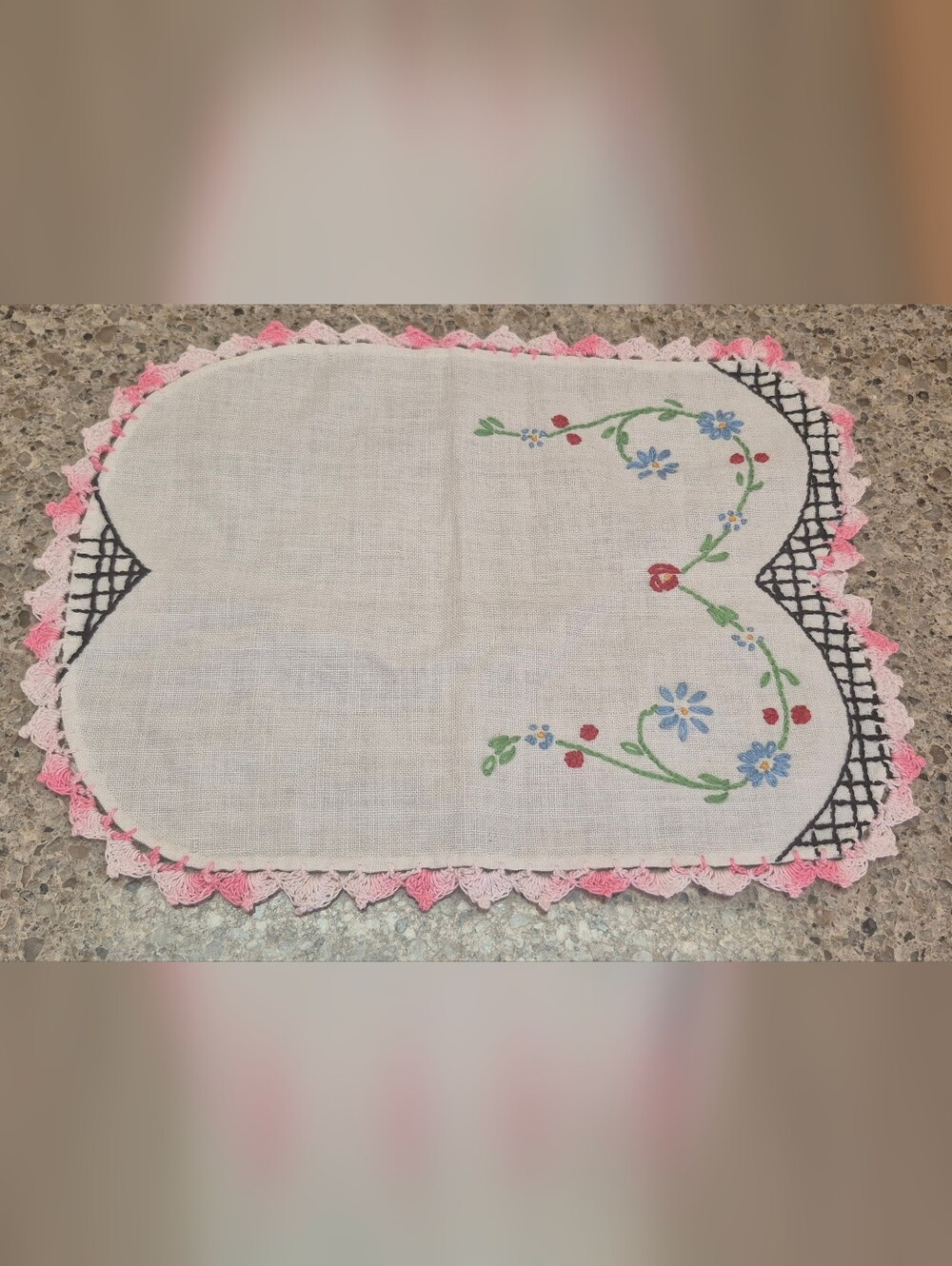 Vtg Hand Embroidered Linens Doily Small Place Mat Variegated Pink Crochet Edge